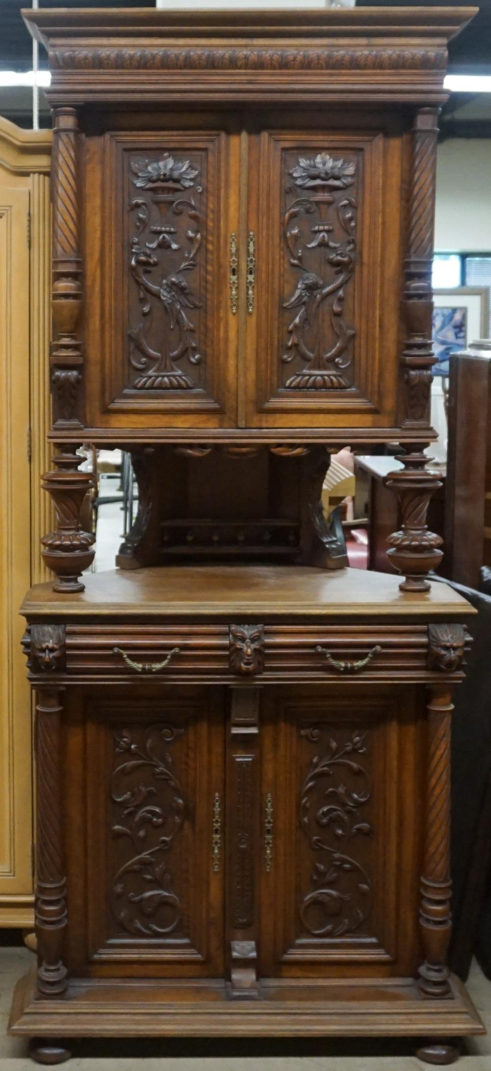 ELIZABETHAN CARVED OAK CORNER CABINET,