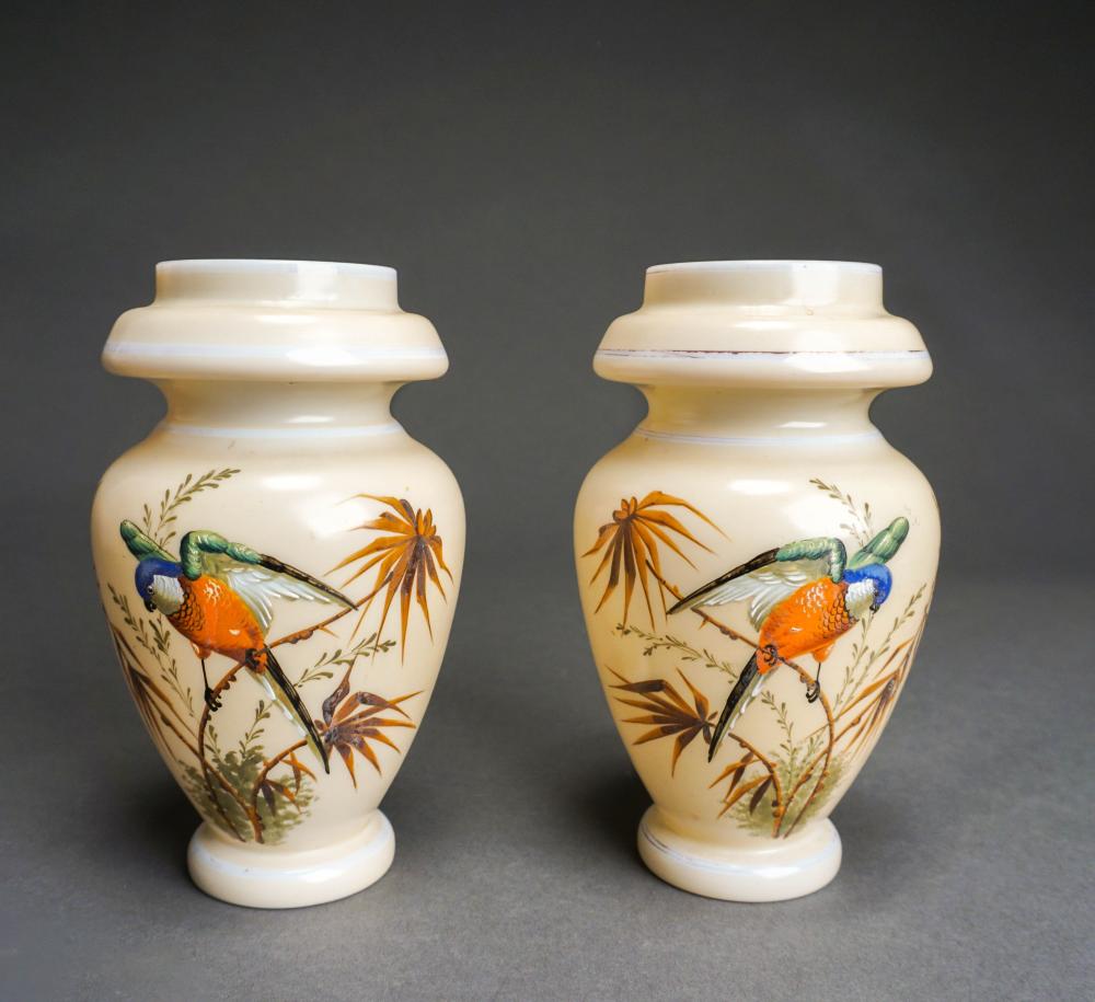 PAIR OF PAINTED MILK GLASS PARAKEET 32bf0e