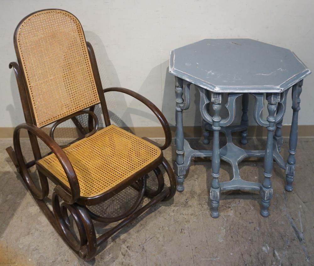 BLUE PAINTED CENTER TABLE AND CANED