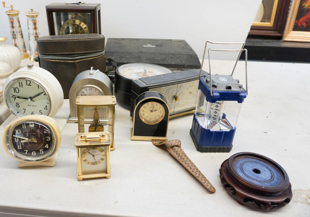 GROUP OF DESK CLOCKS, BINOCULARS