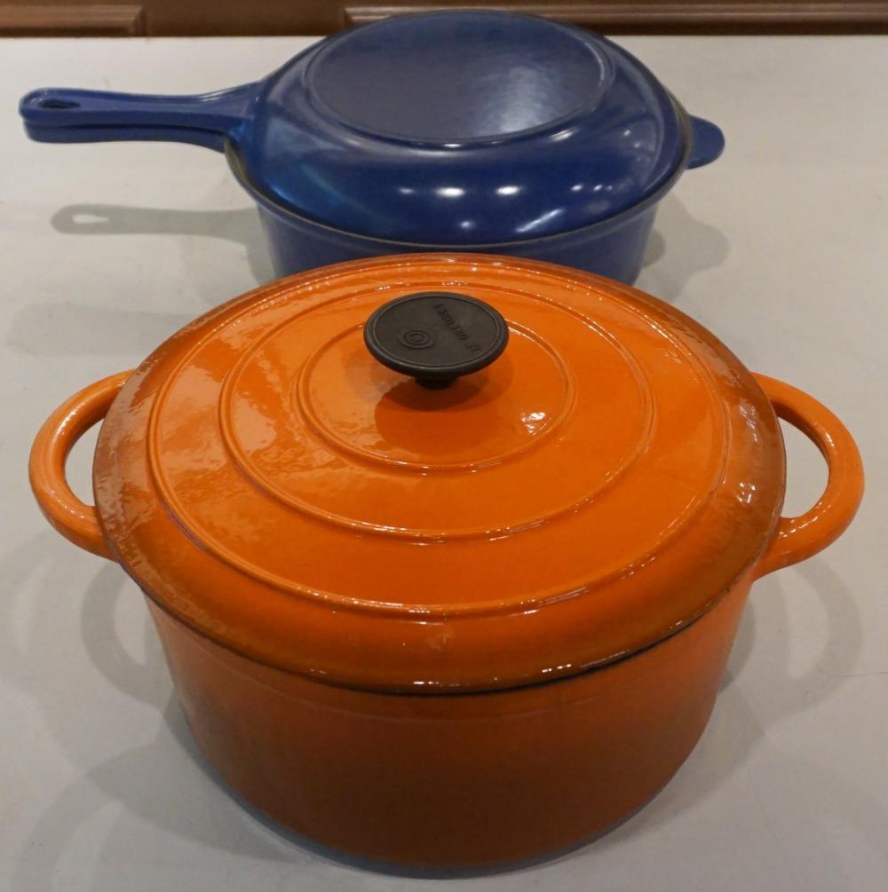 TWO BLUE AND ORANGE LE CREUSET