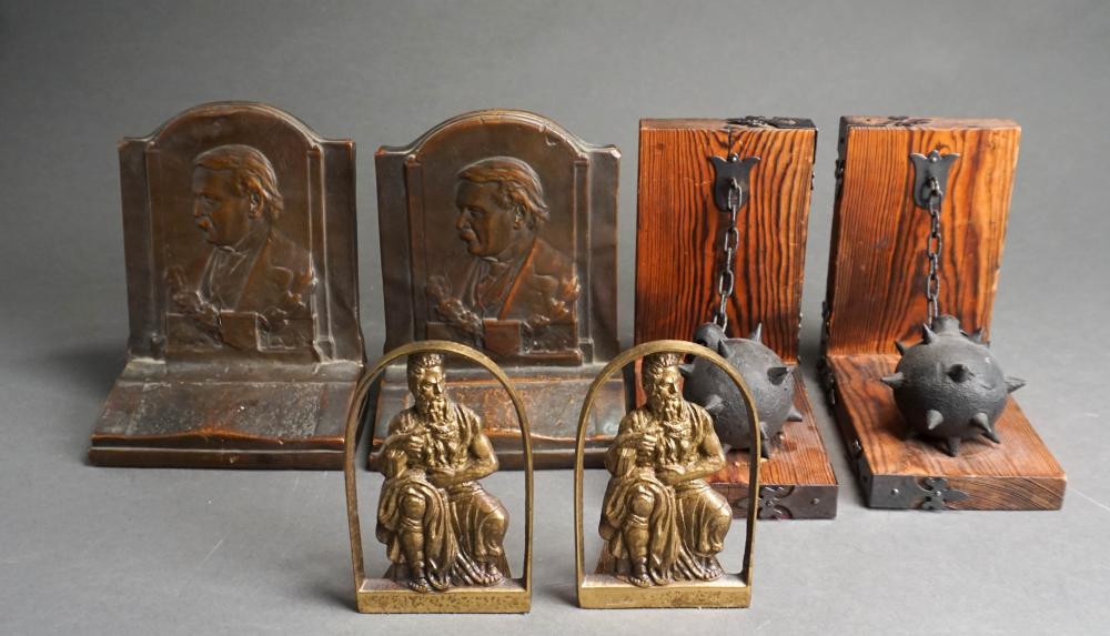 THREE PAIRS OF METAL AND WOOD BOOKENDSThree