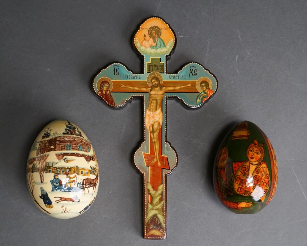 RUSSIAN LACQUER CRUCIFIX AND TWO 32c0f6