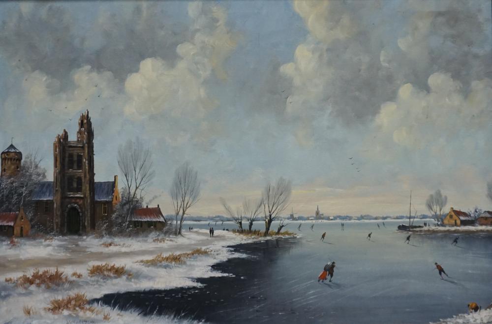 SKATING ON A FROZEN ESTUARY, OIL ON