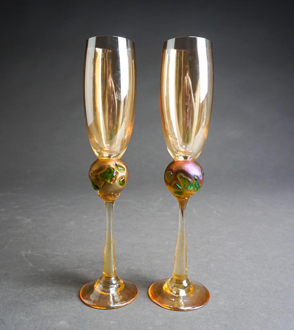 PAIR OF ART GLASS DECORATED CHAMPAGNE