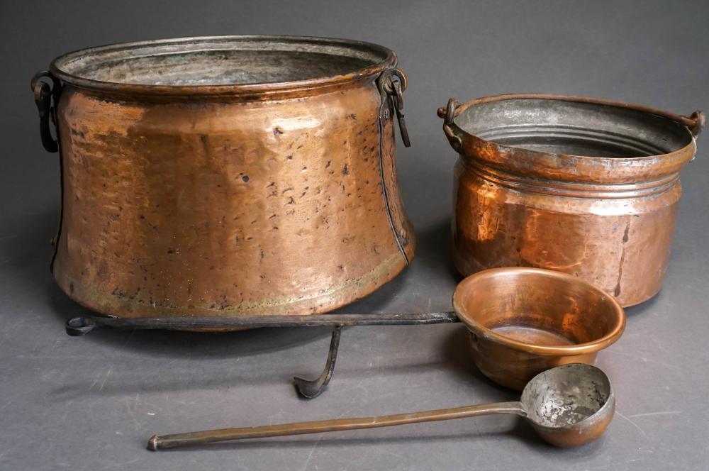 TWO LARGE COPPER POTS AND TWO LADLES,