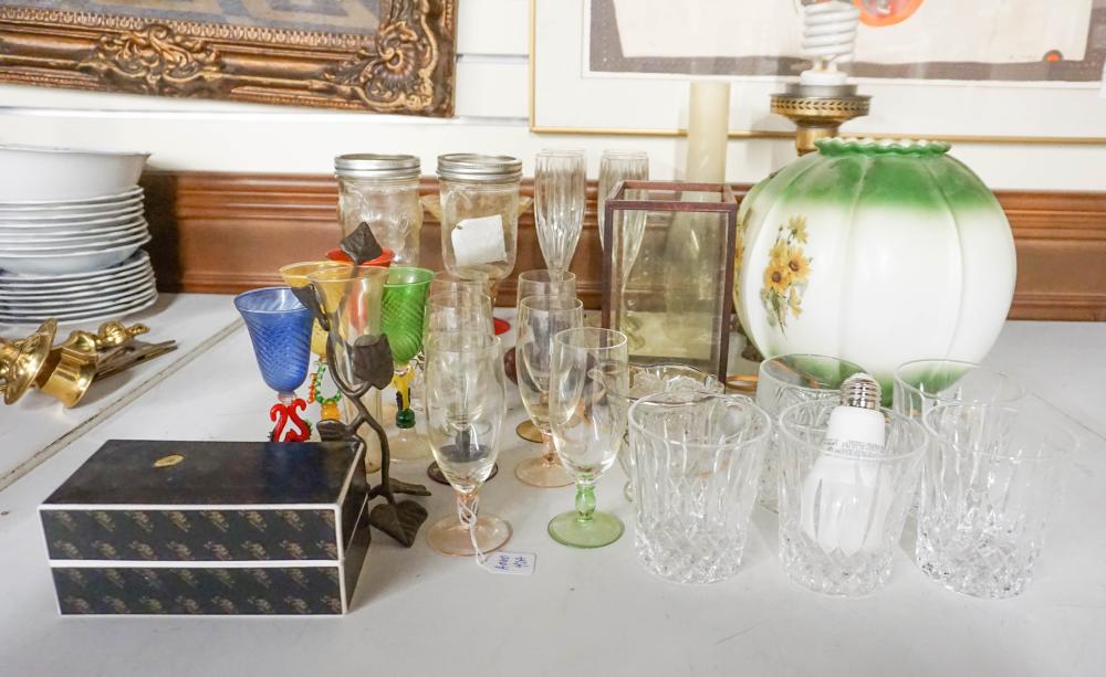 COLLECTION OF GLASSWARE AND A HAND PAINTED