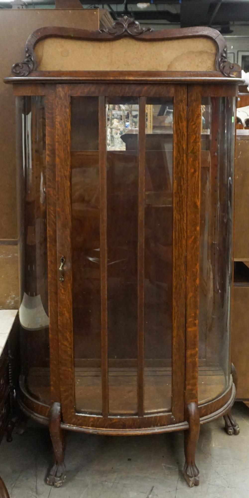 VICTORIAN OAK BOW FRONT CURIO CABINET,