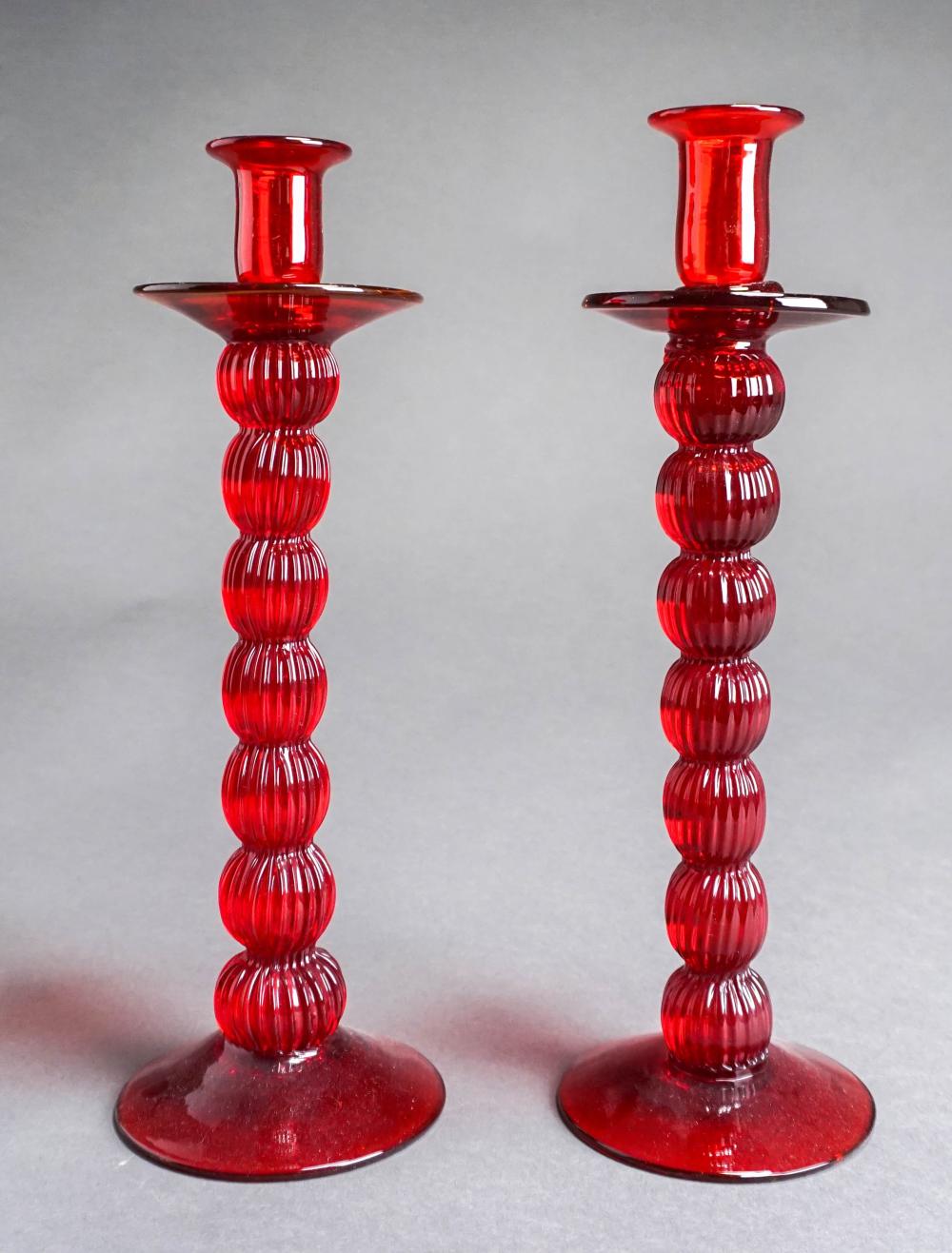 PAIR OF HAND BLOWN RUBY GLASS CANDLESTICKS  32c73c