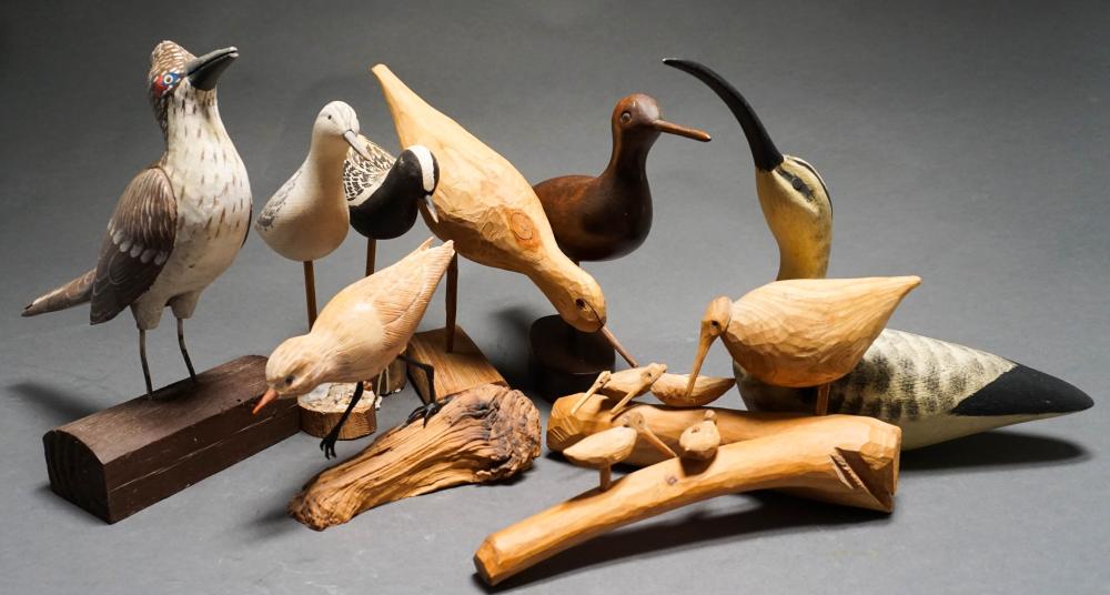 EIGHT CARVED WOOD BIRDS, H OF TALLEST: