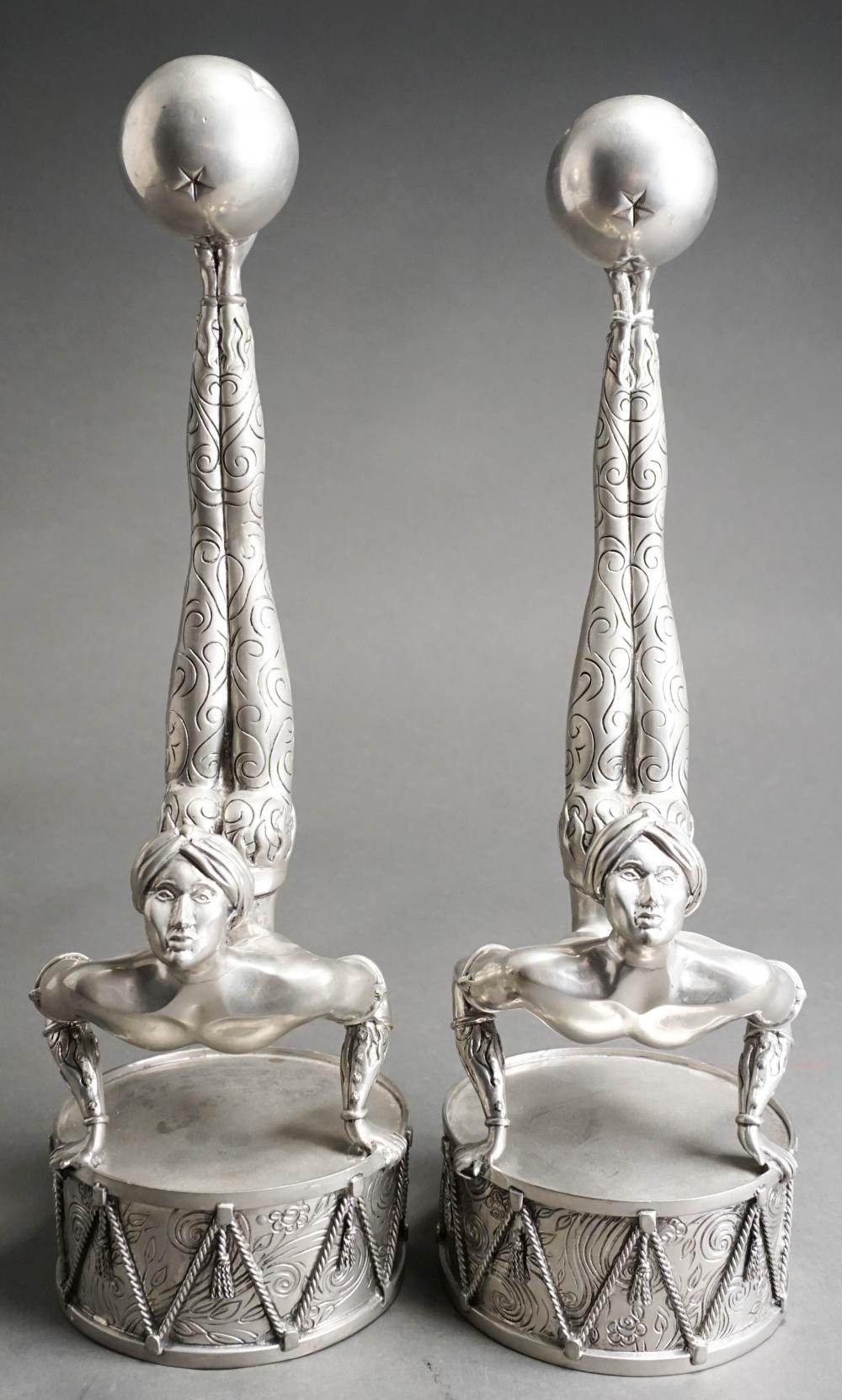 PAIR PEWTER ACROBAT FORM CANDLESTICKS,