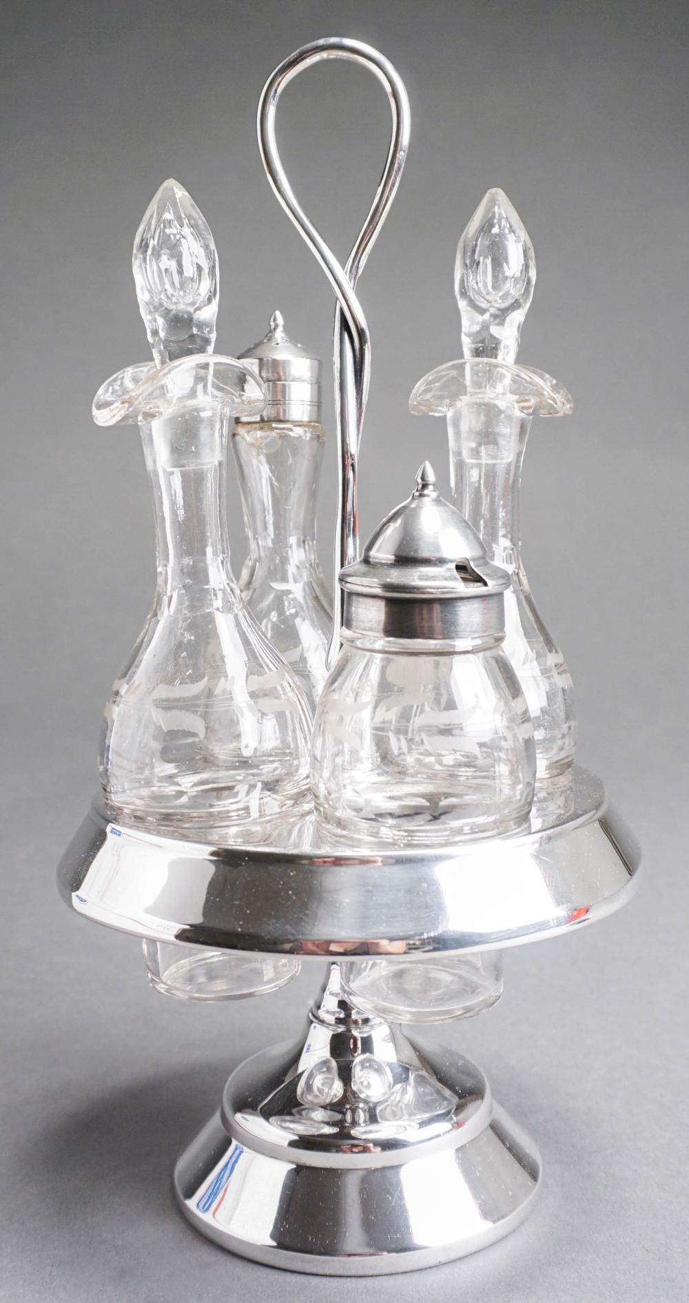 SILVER PLATE CRUET SET, H: 14 IN.