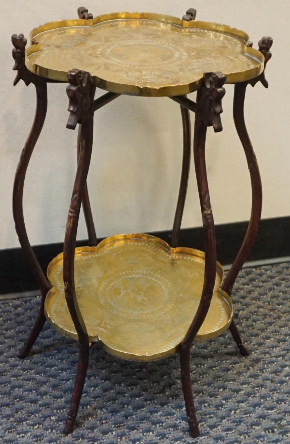 CHINESE CARVED WOOD AND BRASS TRAY