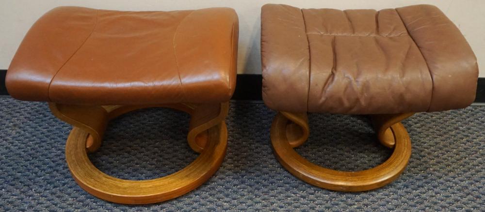 TWO BENTWOOD AND LEATHER FOOTSTOOLS