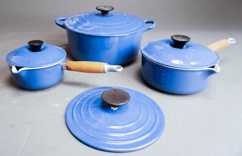 THREE LE CREUSET BLUE ENAMEL POTS 32ca3f