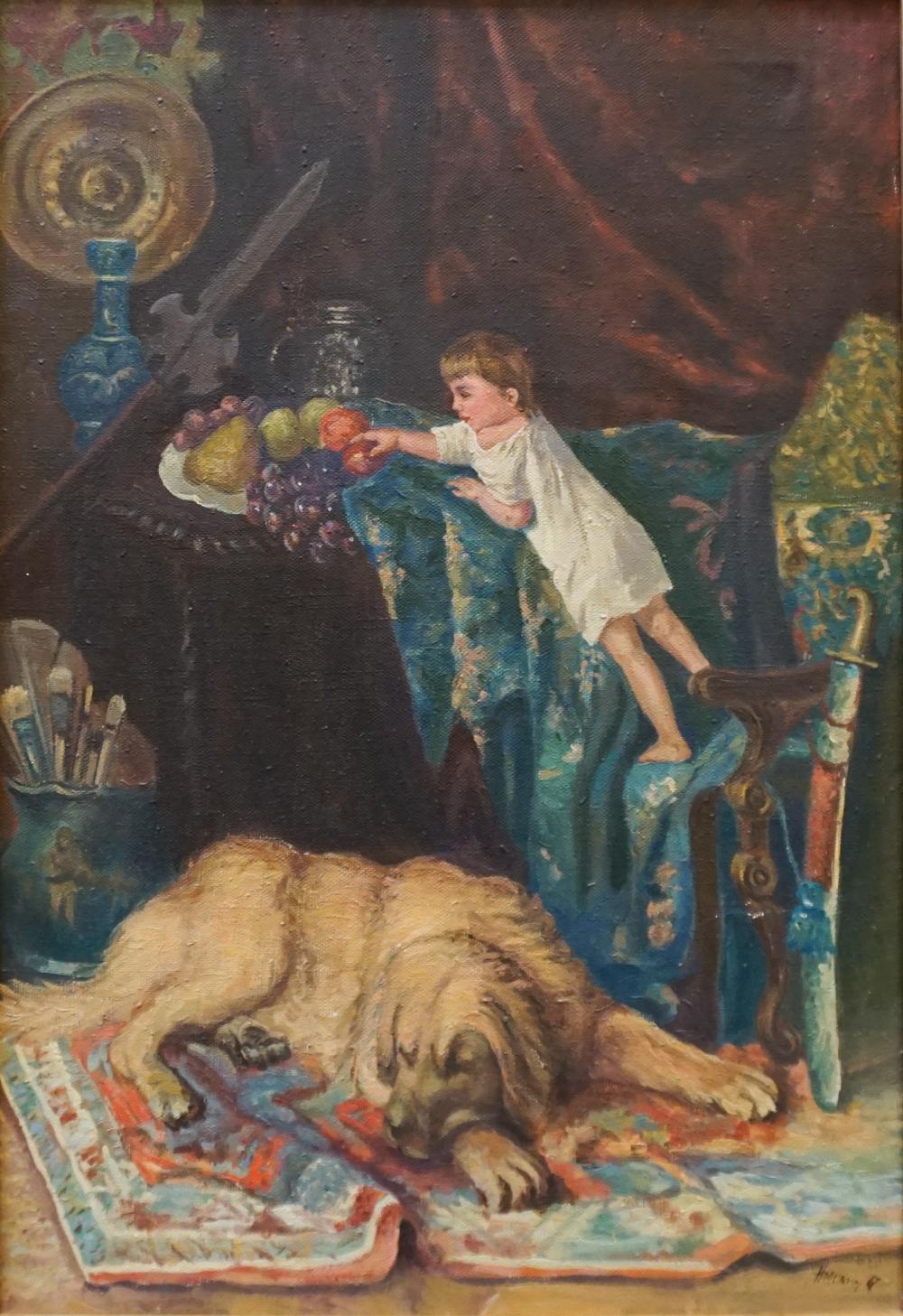 EUROPEAN SCHOOL, BOY AND DOG, OIL