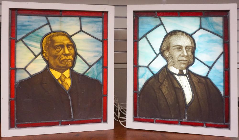 TWO ILLUMINATED STAINED GLASS PORTRAITS,