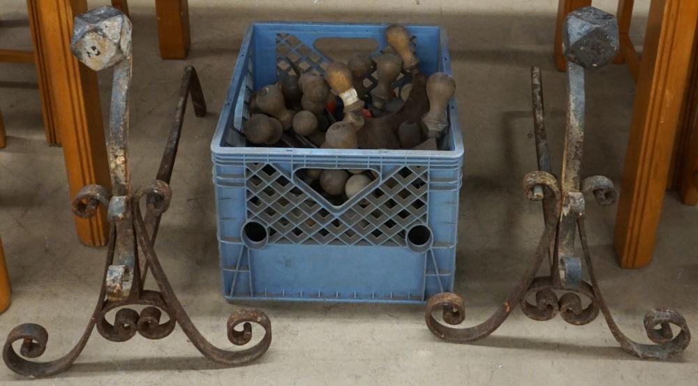 PAIR OF WROUGHT IRON ANDIRONS AND 32cb68