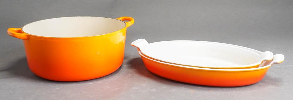 LE CREUSET ENAMEL POT AND TWO CASSEROLE