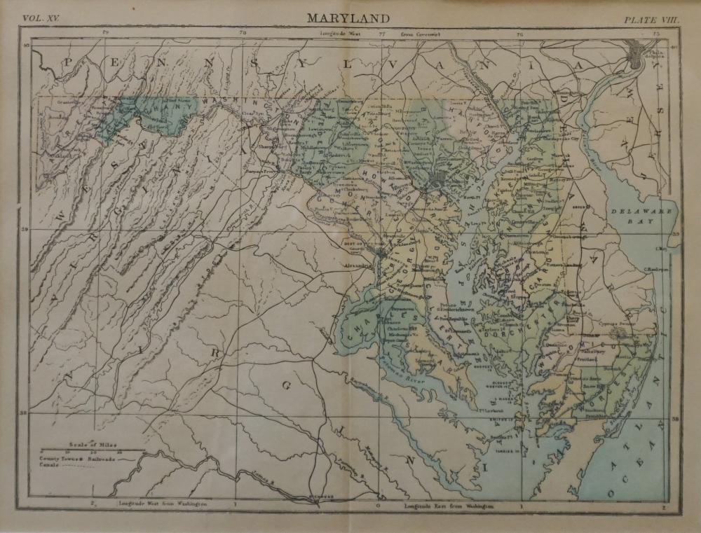 MAP OF MARYLAND, HAND-COLORED ENGRAVING