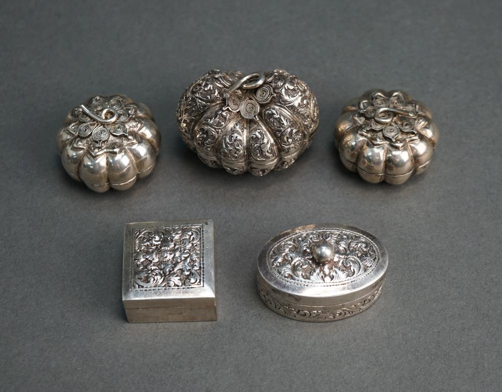 FIVE SILVER COVERED PILL BOXESFive