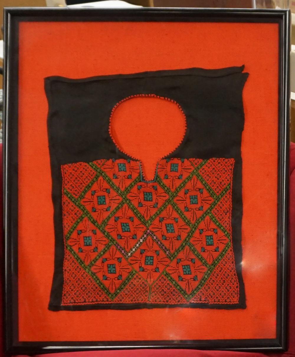 TWO FRAMED TEXTILES AND A BATIK  32cdc3
