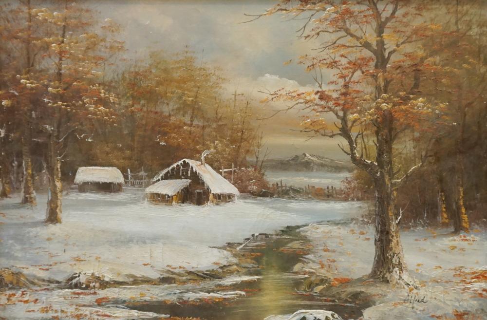 CABINS IN THE WINTER FOREST, OIL