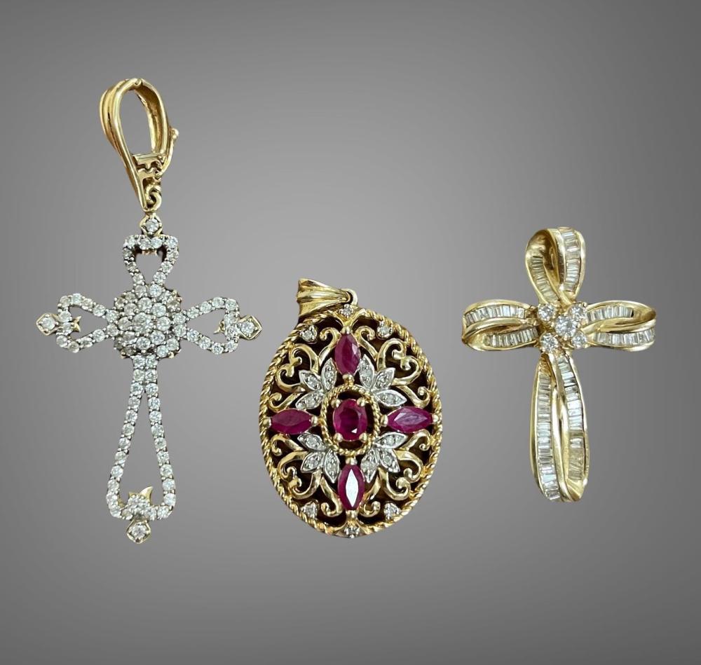 THREE 14 KARAT GOLD DIAMOND AND 32a978