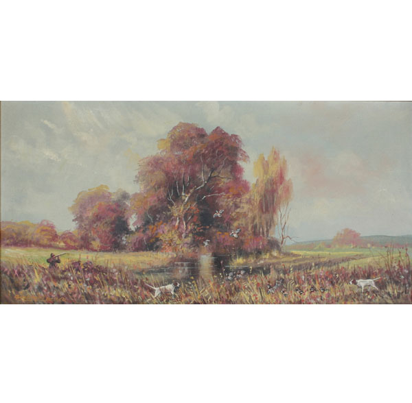 Hunting scene, oil on board; 17