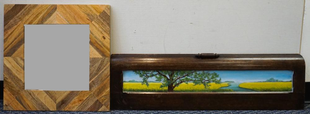 A PARQUETRY WOOD FRAMED MIRROR