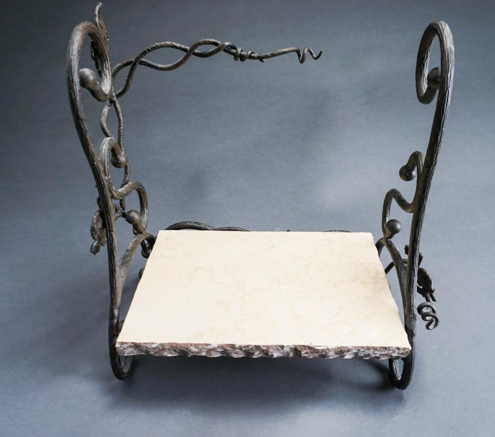 WROUGHT IRON AND MARBLE WINE STAND,