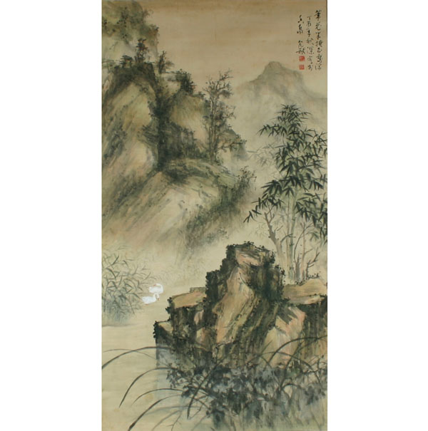 Japanese silk scroll depicting