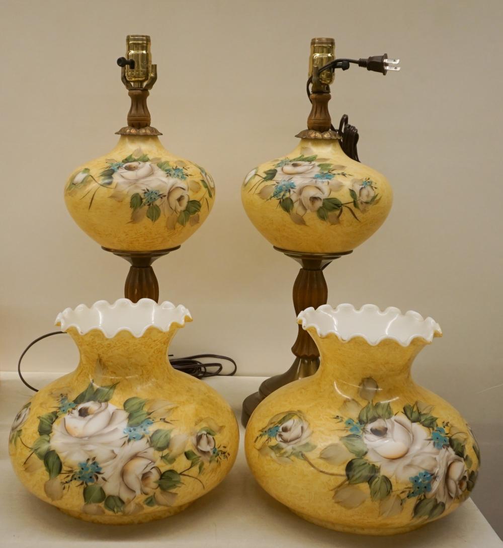 PAIR DECORATED MILK GLASS AND WOOD