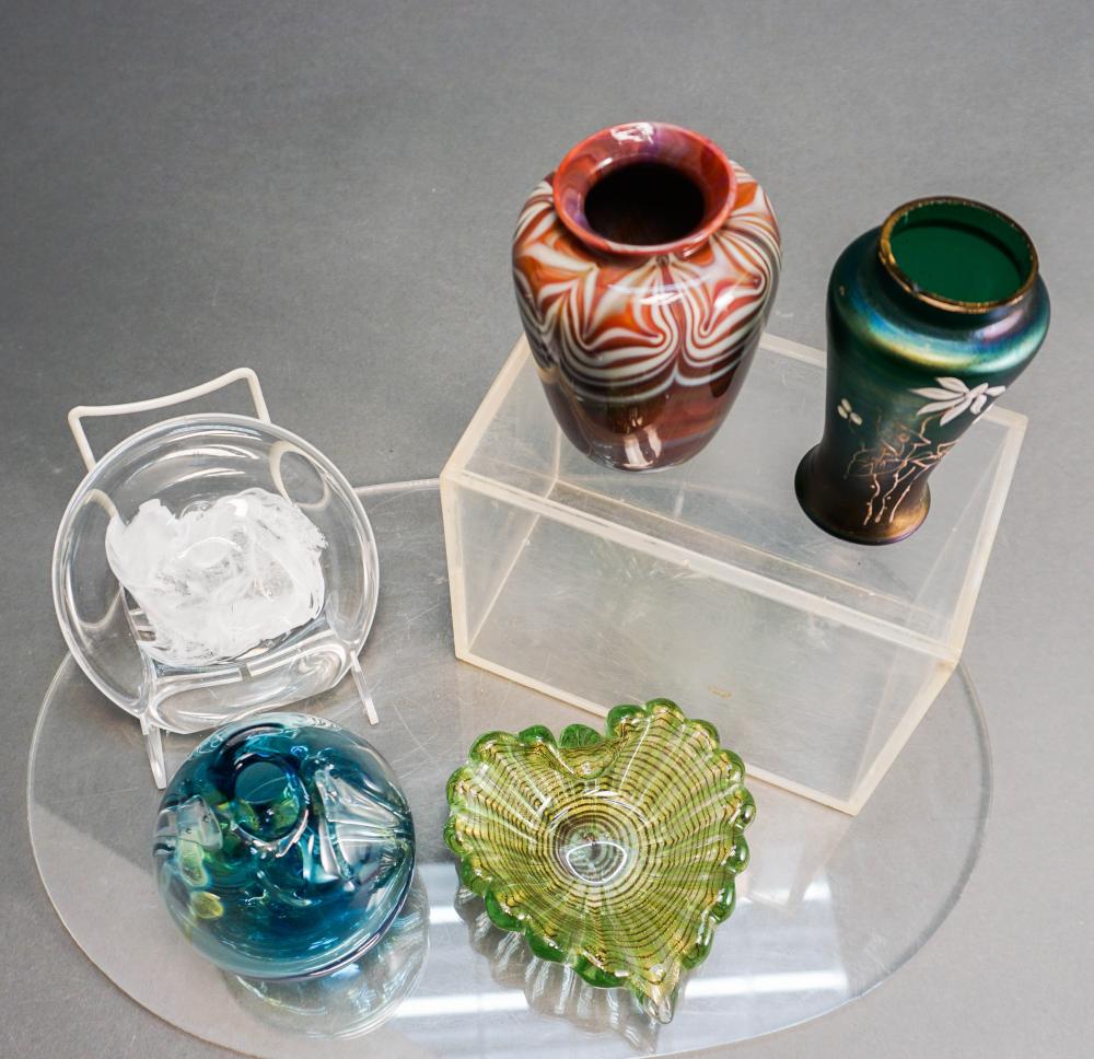 FIVE ART GLASS OBJECTS, H OF TALLEST: