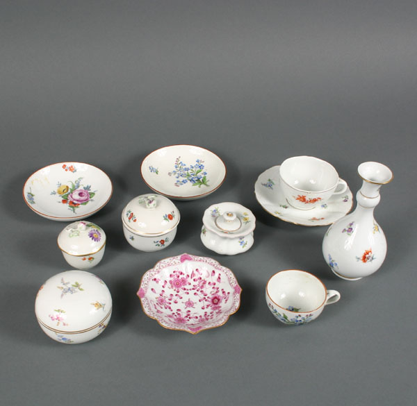 Eleven Meissen hand painted porcelain