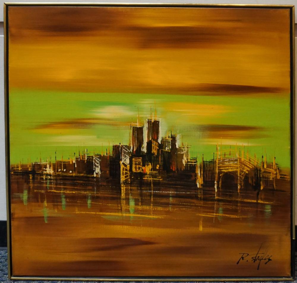 R, STAYLES, CITYSCAPE, OIL ON CANVAS,