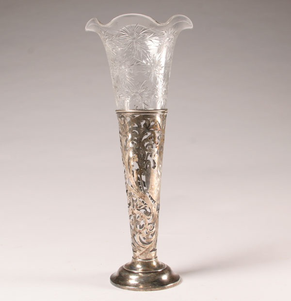 Cut glass trumpet vase with floral