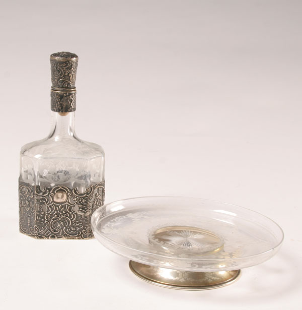 Etched glass stoppered bottle with sterling