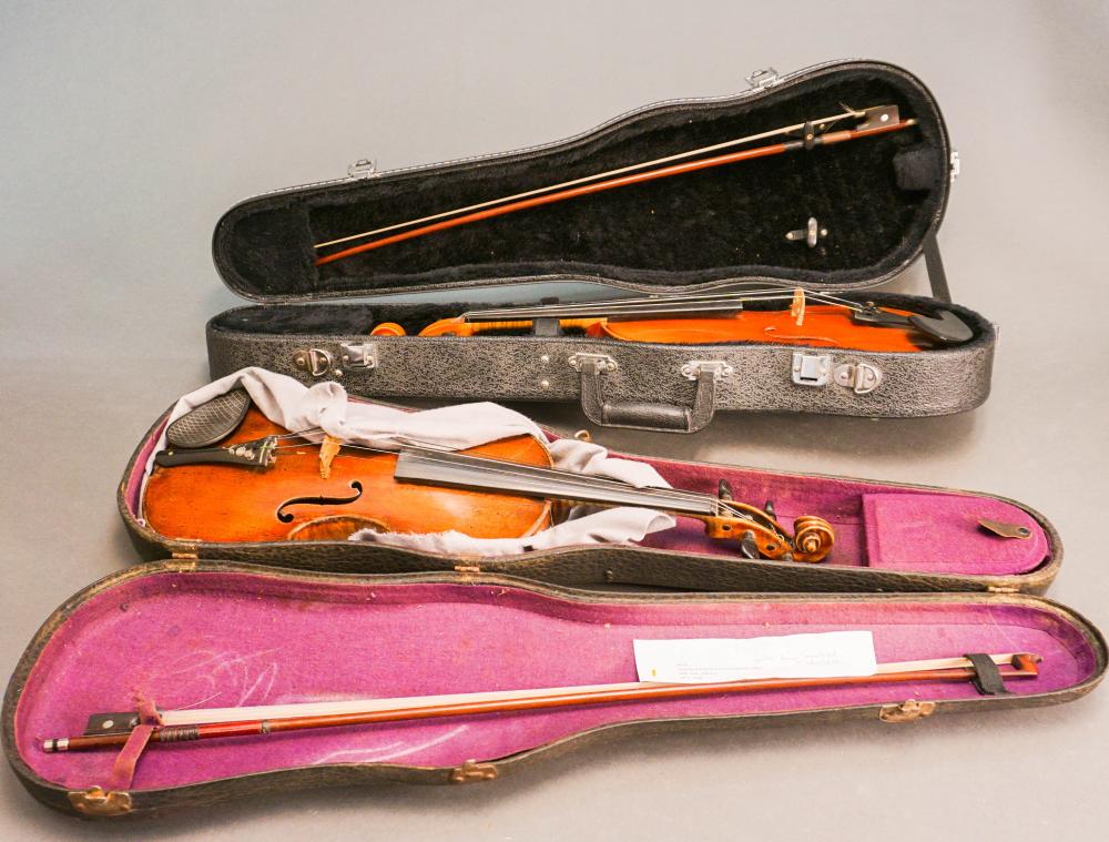 TWO FRUITWOOD VIOLINS WITH BOWS, ENCASED,