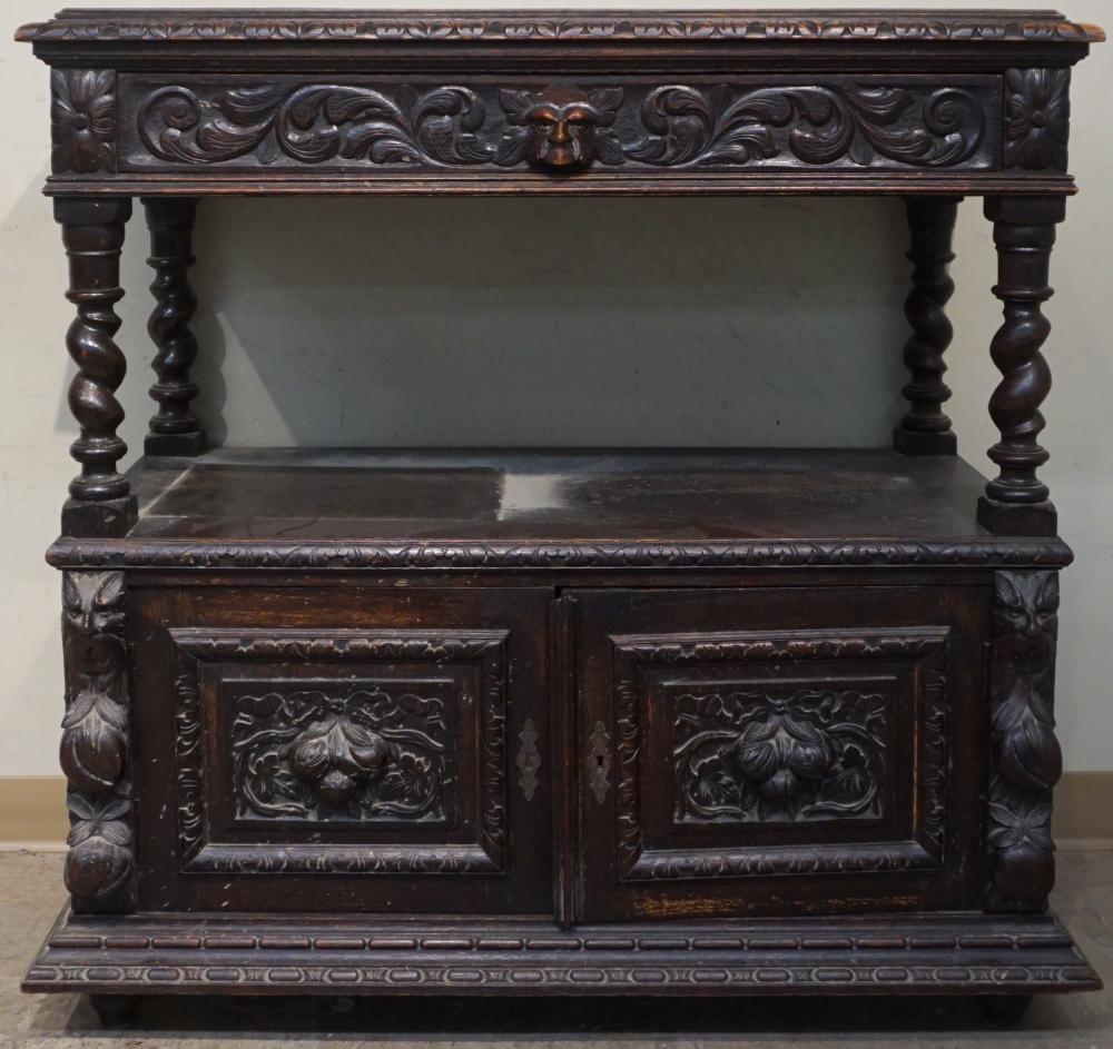 ELIZABETHAN STYLE CARVED AND STAINED