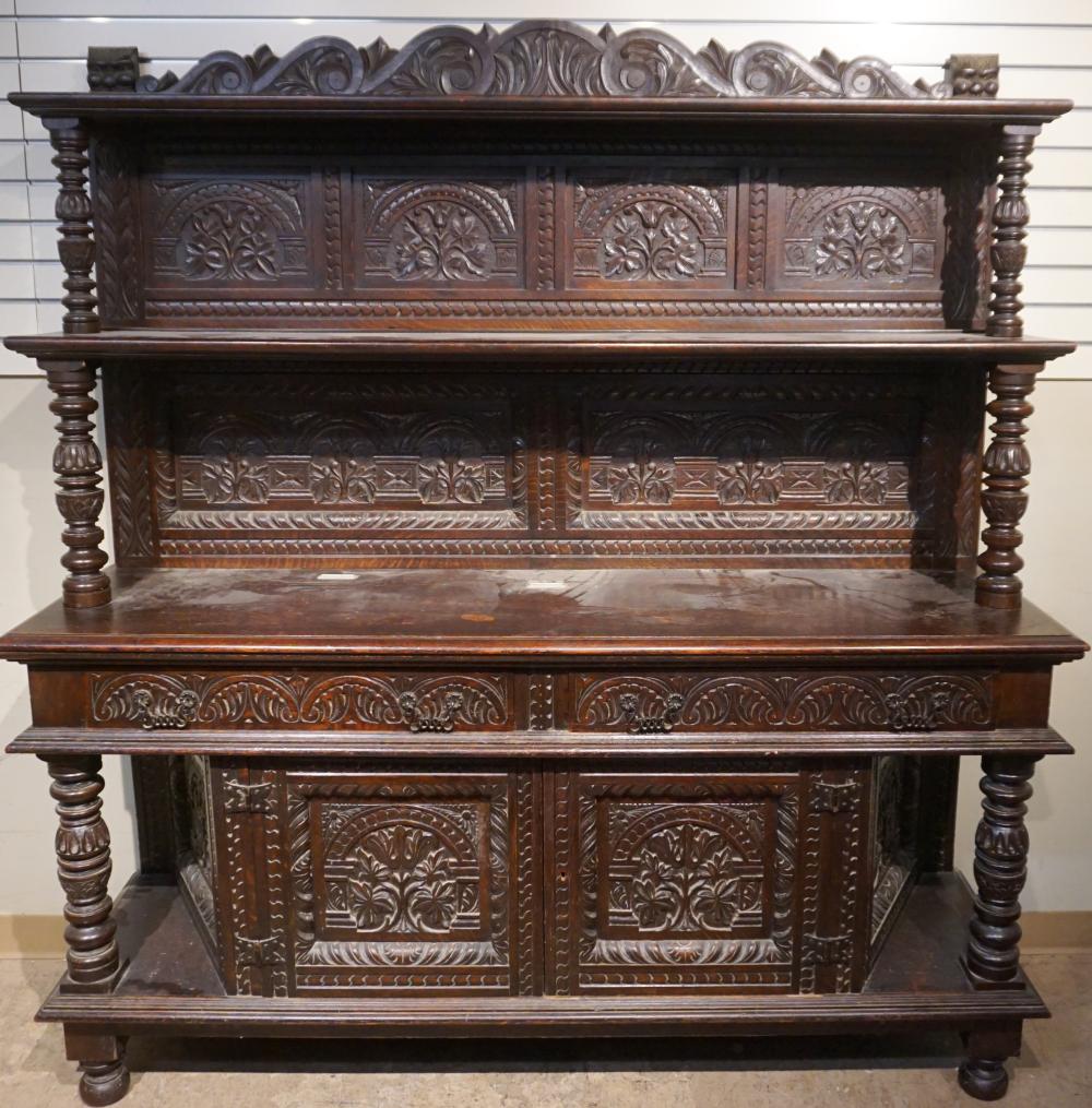 ELIZABETHAN STYLE CARVED OAK SIDEBOARD