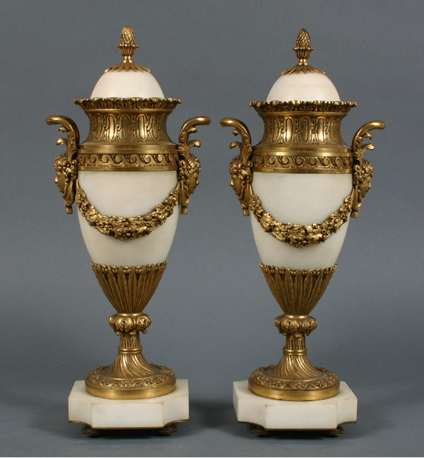 Pair marble lidded vases urns  51196