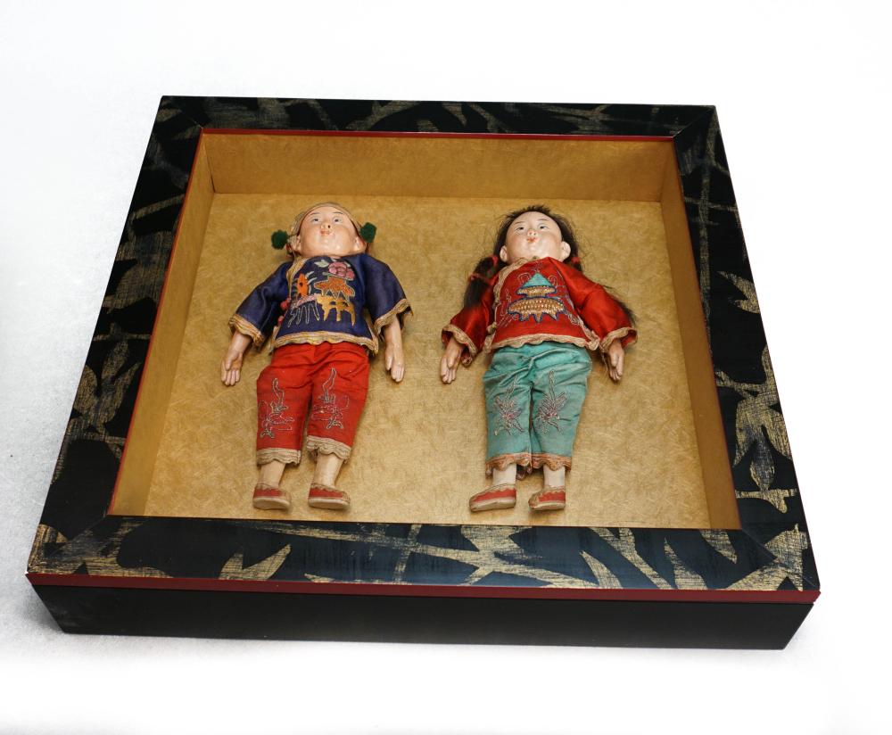 PAIR CHINESE PAPIER MACHE AND EMBROIDERED 32afeb