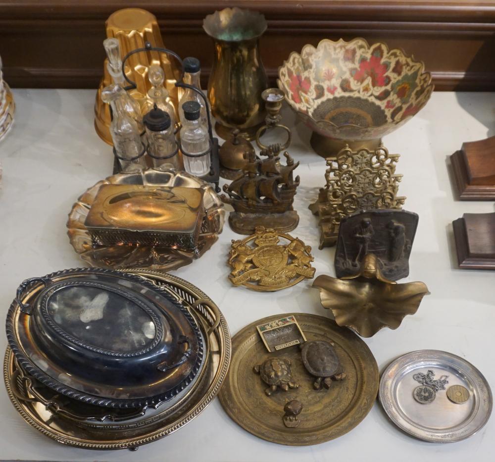 GROUP WITH ASSORTED BRASS AND SILVERPLATE