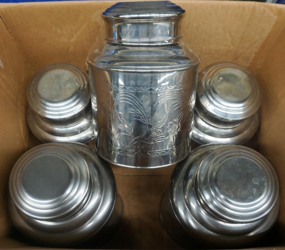 FIVE CHINESE ALUMINUM CYLINDRICAL