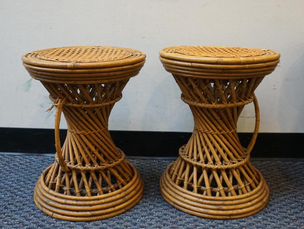 PAIR RATTAN AND CANE ROUND SIDE