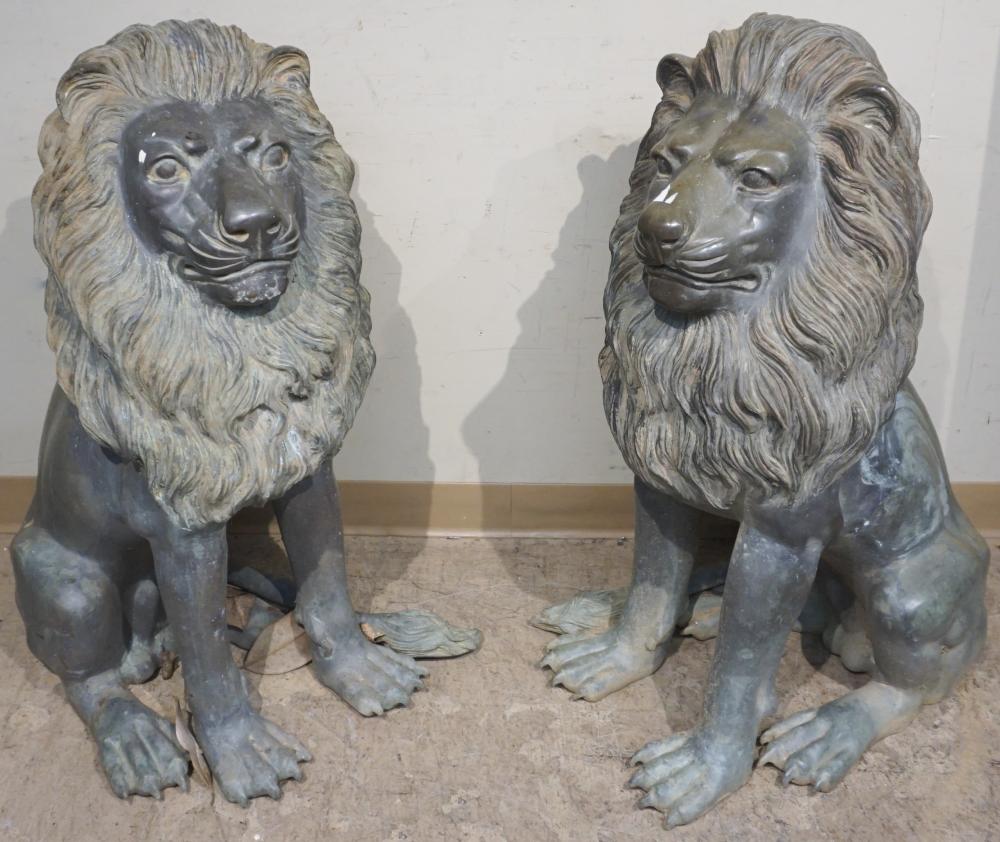 PAIR PATINATED CAST METAL GUARDIAN LIONS,