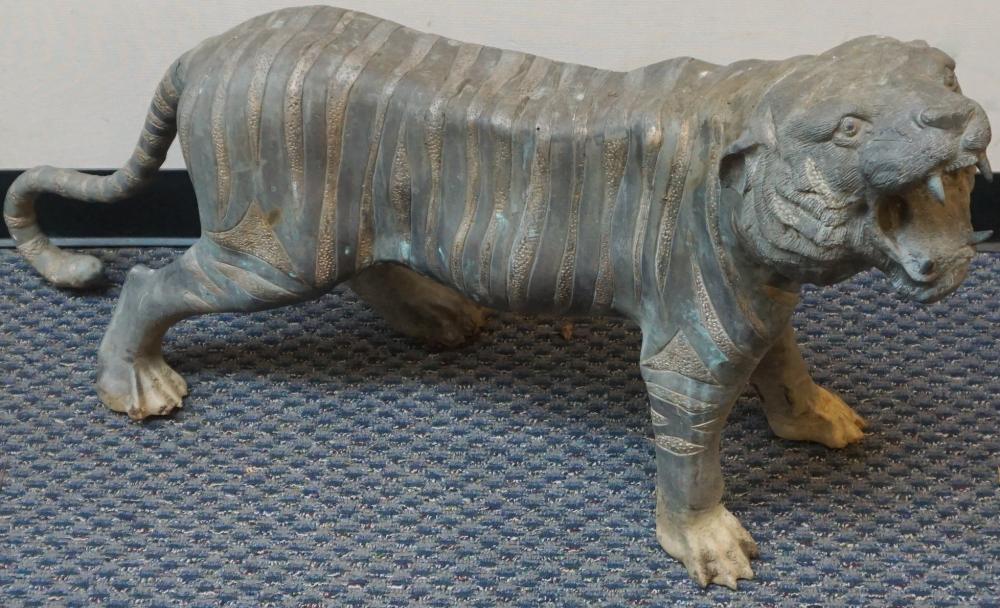 ASIAN PATINATED BRONZE TIGER STATUE,