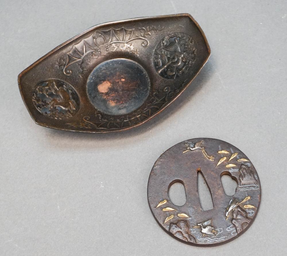 JAPANESE GOLD INLAID TSUBA AND A PATINATED