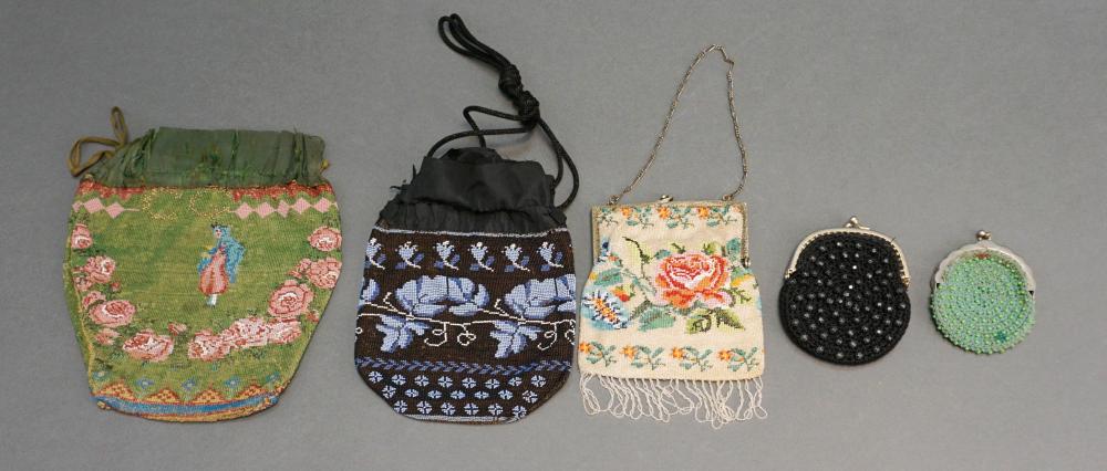 FIVE VICTORIAN AND LATER BEADED PURSES